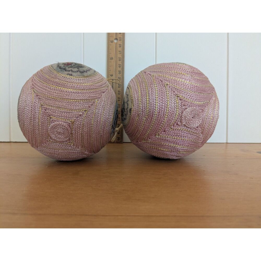 Vintage Embroidered Christmas Ball Ornaments - Needlepoint - Pink, Floral - Picture 3 of 6